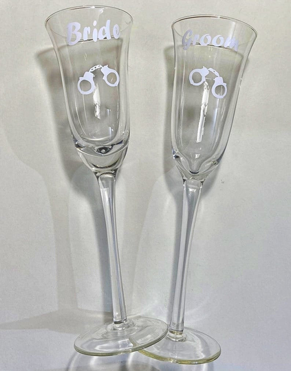 Handcuff - Themed Wedding Champagne Glasses, Bride & Groom