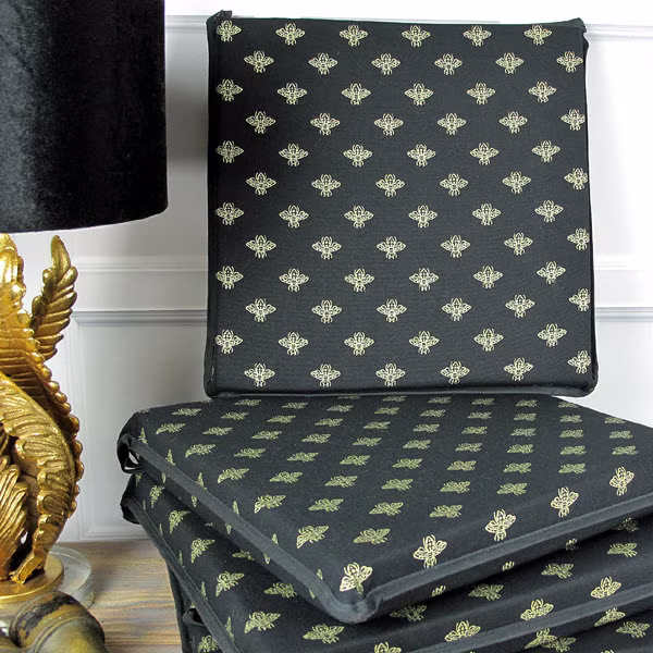 Set Of 4, 6 Or 8 Gold Bees Square Chair Seat Pads, Pad, Gold Metallic Bee Square Kitchen Chair Pad, Bistro Patio Seat Cushion