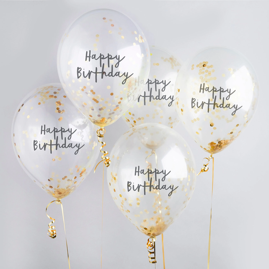 5 Gold Happy Birthday Confetti Balloons, Party Balloons