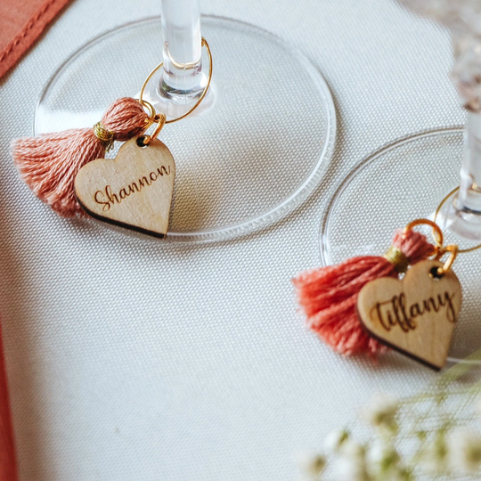 Mimosa Glass Name Tags For Bridal Shower Tassel, Party Favors, Weddings, Birthdays, Gifts, Wine Champagne Charms Wood Engraved Custom