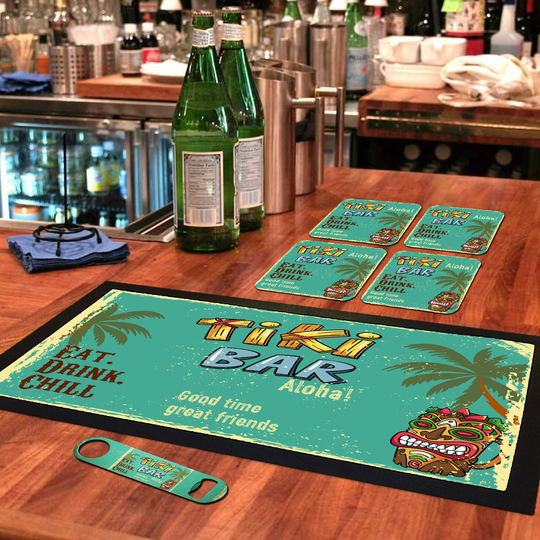 Bar Runner Mat, Matching Bottle Opener & 4 X Drinks Coasters Gift Set For Home Bars Pubs Garden Tiki - Bar-Run-Set-116