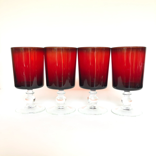 4 Vintage Ruby Red 10Oz Wine Glasses With Clear Ball Stems & Bases
