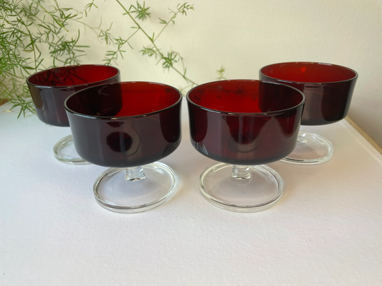 Set Of 4 Vintage Arcoroc France Ruby Red Glass Stemmed Sherbet Champagne Glasses, Holiday Glassware, Champagne, Romantic Glasses