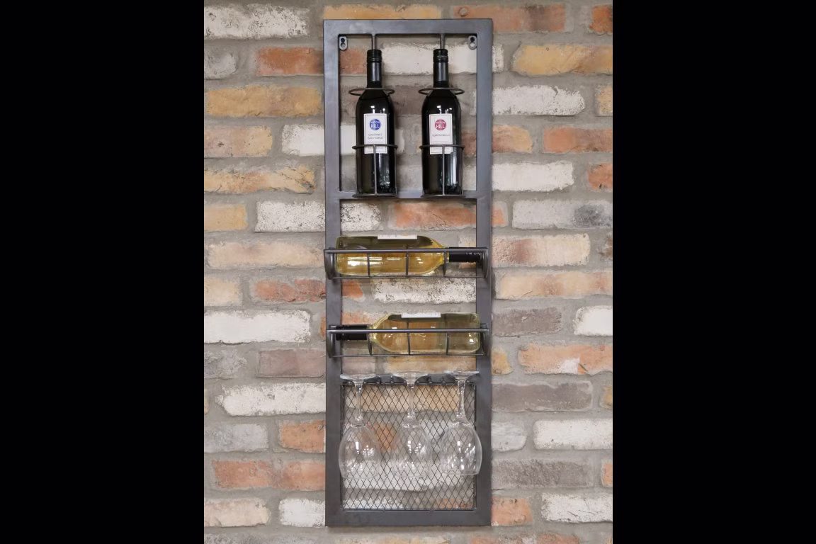 Beautiful Tall Wall Wine Unit - Modern Dark Metal & Mesh Holds Four Bottles Three Glasses Perfect Gift For Mum, Wife Or Girlfriend