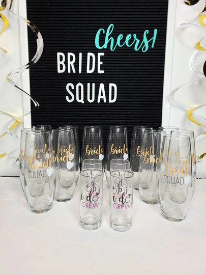 Bride Squad Gifts | Bridesmaids Stemless Champagne Flute Shot Glasses Bridal Wedding Party Favors Engagement