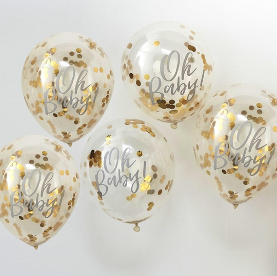 5 Gold Confetti Oh Baby Balloons, Shower, Party Shower Decorations, Balloons