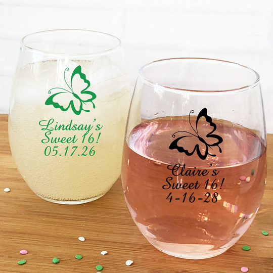 Printed 24 Pieces Of Butterfly Modern Elegance Personalized Stemless Wine Glass Favors - Sweet 16 Party {Item#728-18}
