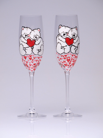 Hand Painted Wedding Toasting Flutes Set Of 2 Personalized Champagne Glasses White Bears & Heart