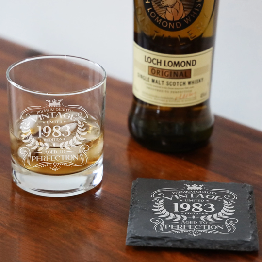 Vintage 1983 Engraved Whiskey Glass - 40Th Birthday Aged To Perfection 40 Year Old Gifts Bourbon Scotch Whisky Tumbler & Coaster Set