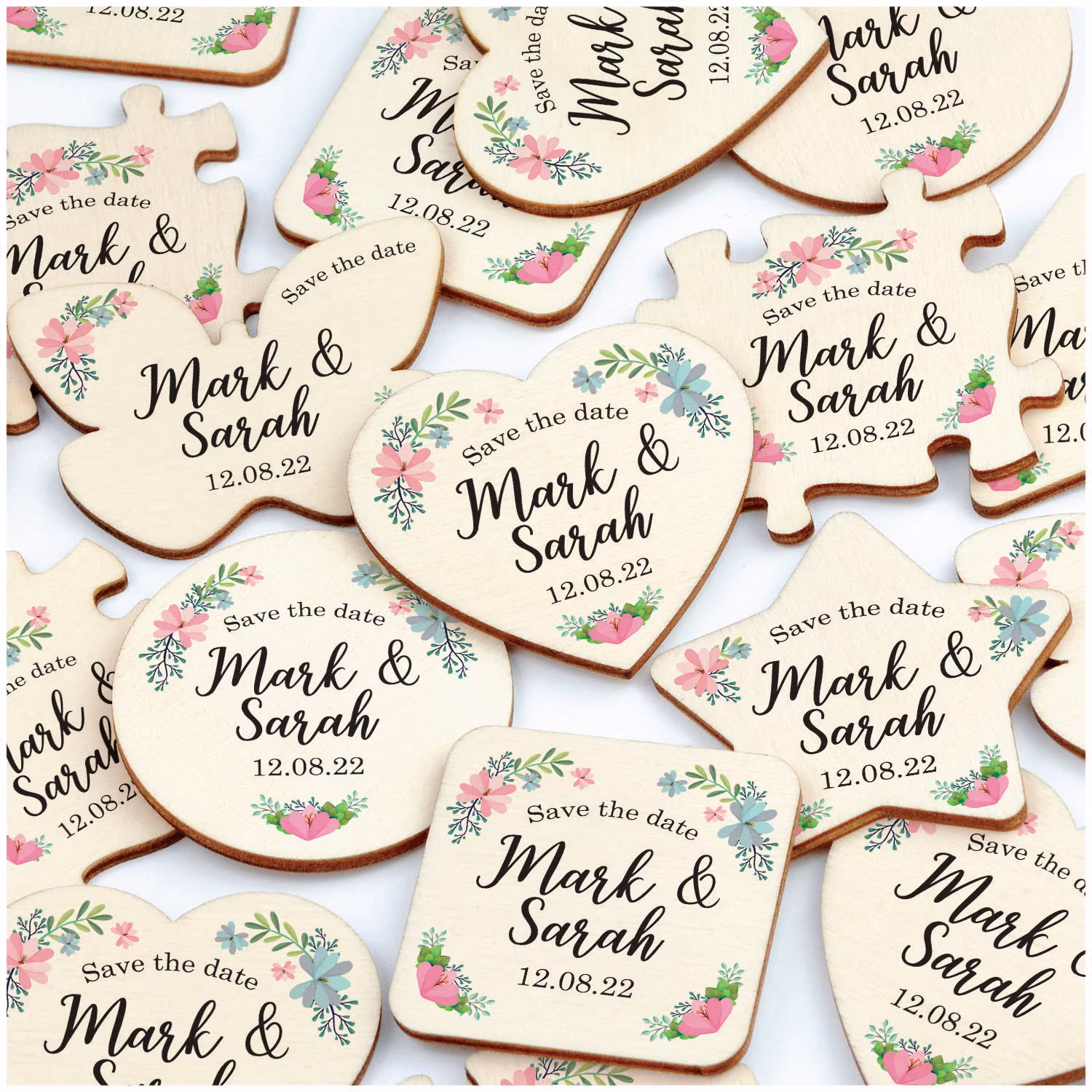 Custom Save The Date Magnet - Personalised Rustic Fridge Magnets Wooden Hearts Boho Flower Dates