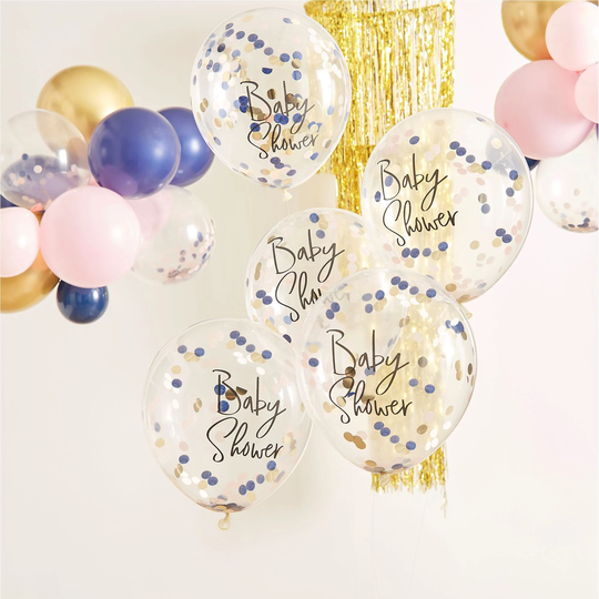 Baby Shower Confetti Balloons, 5 Navy Pink & Gold Gender Reveal Decoration