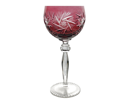Vintage Cranberry Red Pink Wine Glass Goblet Hock Cut-To-Clear 24% Lead Crystal Annahuette Annahütte Bavaria Germany 1980S Pinwheel Star