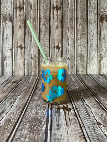 Hibiscus Blue Opal Can Glass 16 Oz Libbey Shaped Glass, Coffee, Beer