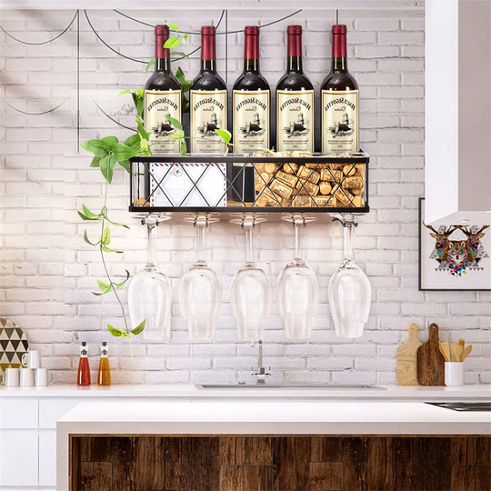 Collinston 5 Bottle Wall Mounted Wine Bottle and Glass Rack in Black