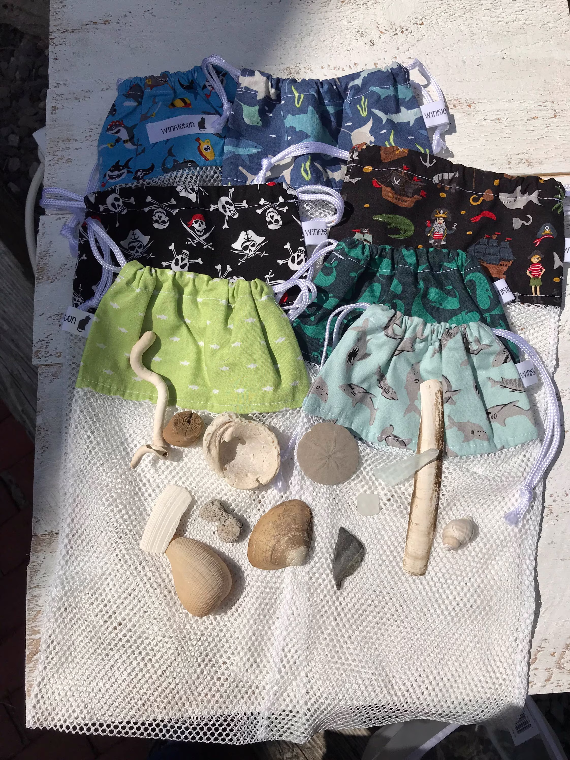 Sea Shell Collecting Bag, Drawstring Beach Tote For Shells, Whales, Pirates, Sharks, Glass, Mesh Bag