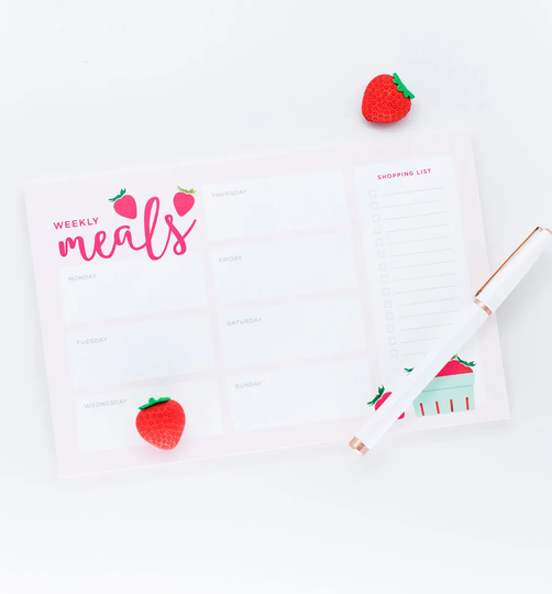 Weekly Meal Plan Note Pad | Strawberry Illustrated Menu Planner Magnetic Notepad