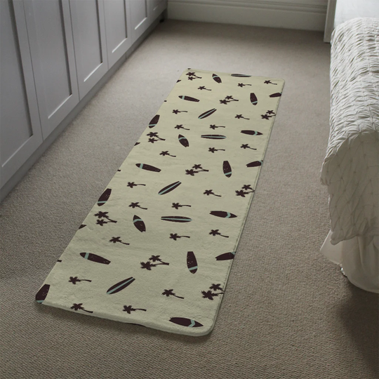Kirkendall Surf Board and Palm Silhouettes Designer Shaggy Ivory/Black Rug
