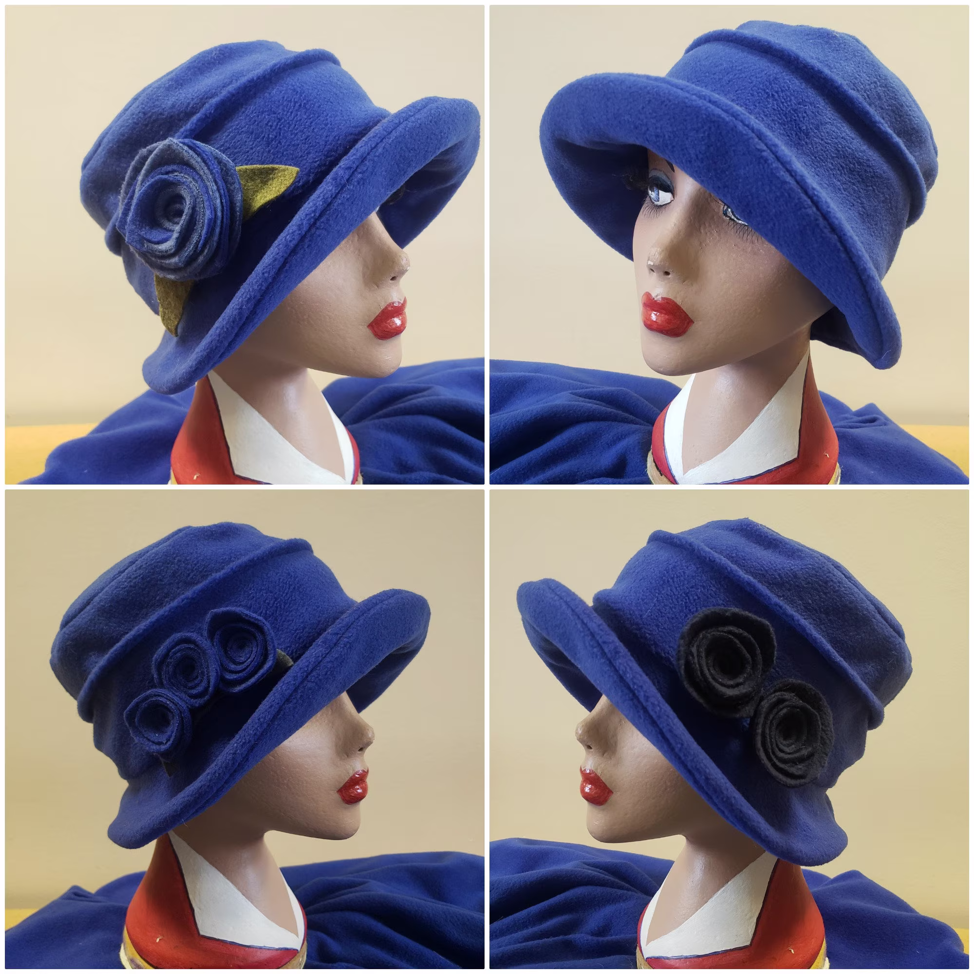 Royal Blue Fleece Hat-Polar Lining-Downton Abbey Hat-Womens Winter Hat-1930's-Ladies Hat-Blue