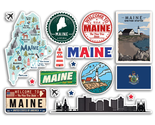 A5 Sticker Sheet Maine Landmarks Vinyl Stickers - Usa American States City Airport Stamps Skyline Flag Map Travel Holiday Scrapbook #79179