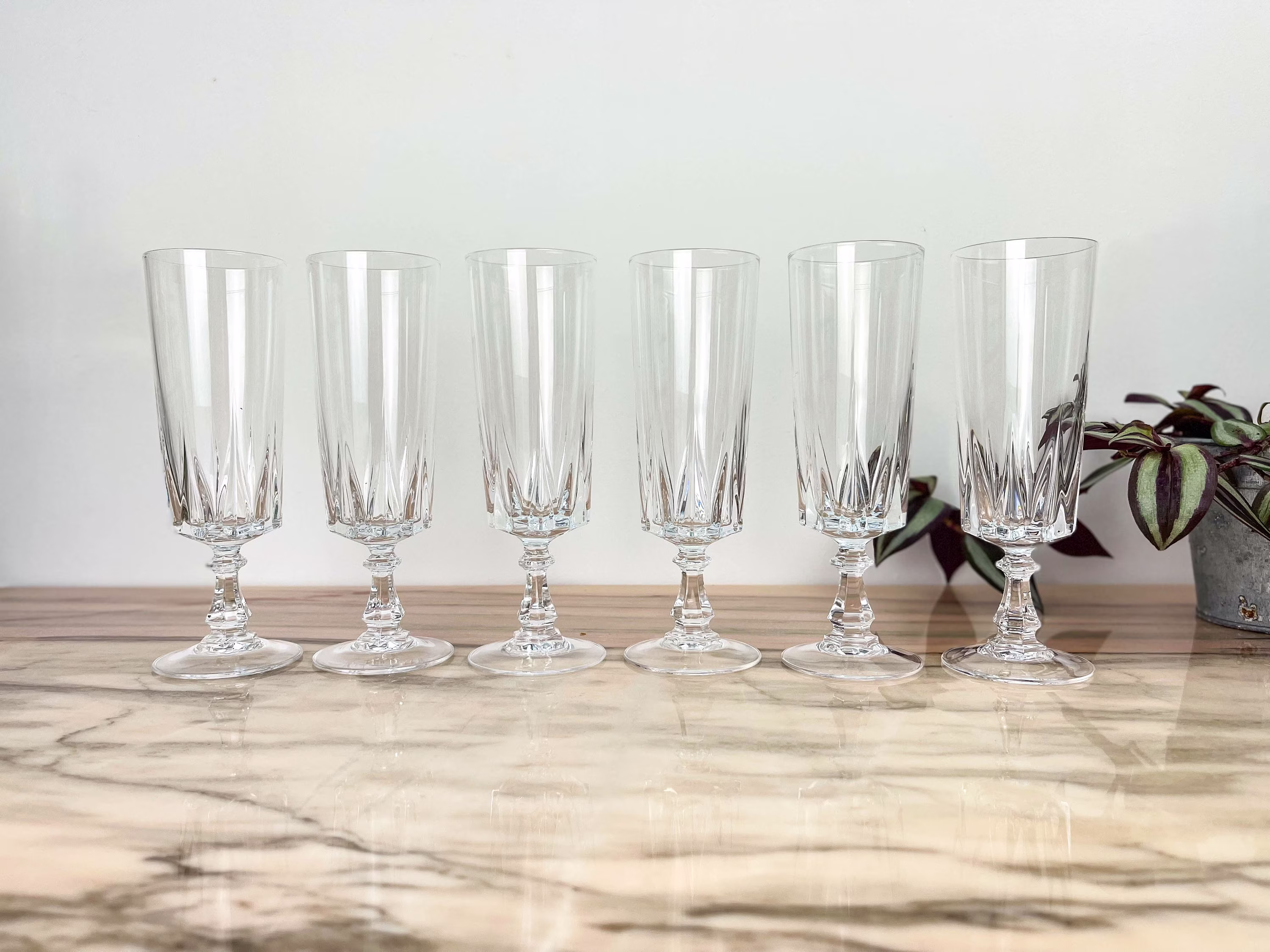 6 Cristal D'arques Champagne Flutes Model Louvre ~ Crystal Stemmed Glasses Vintage Glass 20Th Century