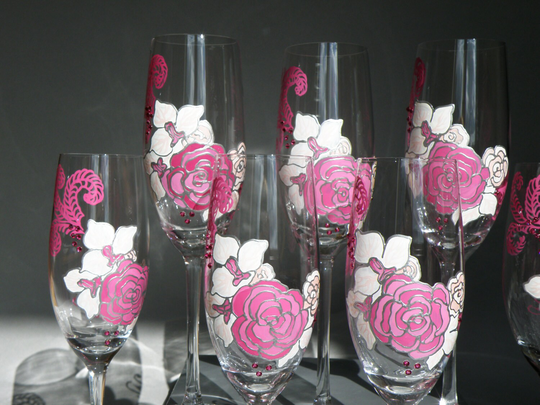 Hand Painted Wedding Toasting Flutes Pink Peonie, Black & White Orchid