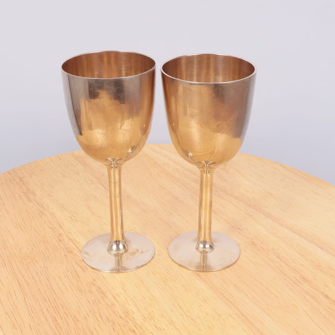 2 Goblets/Glasses Two Brass Drinkware Wine || Set Of Vintage Solid