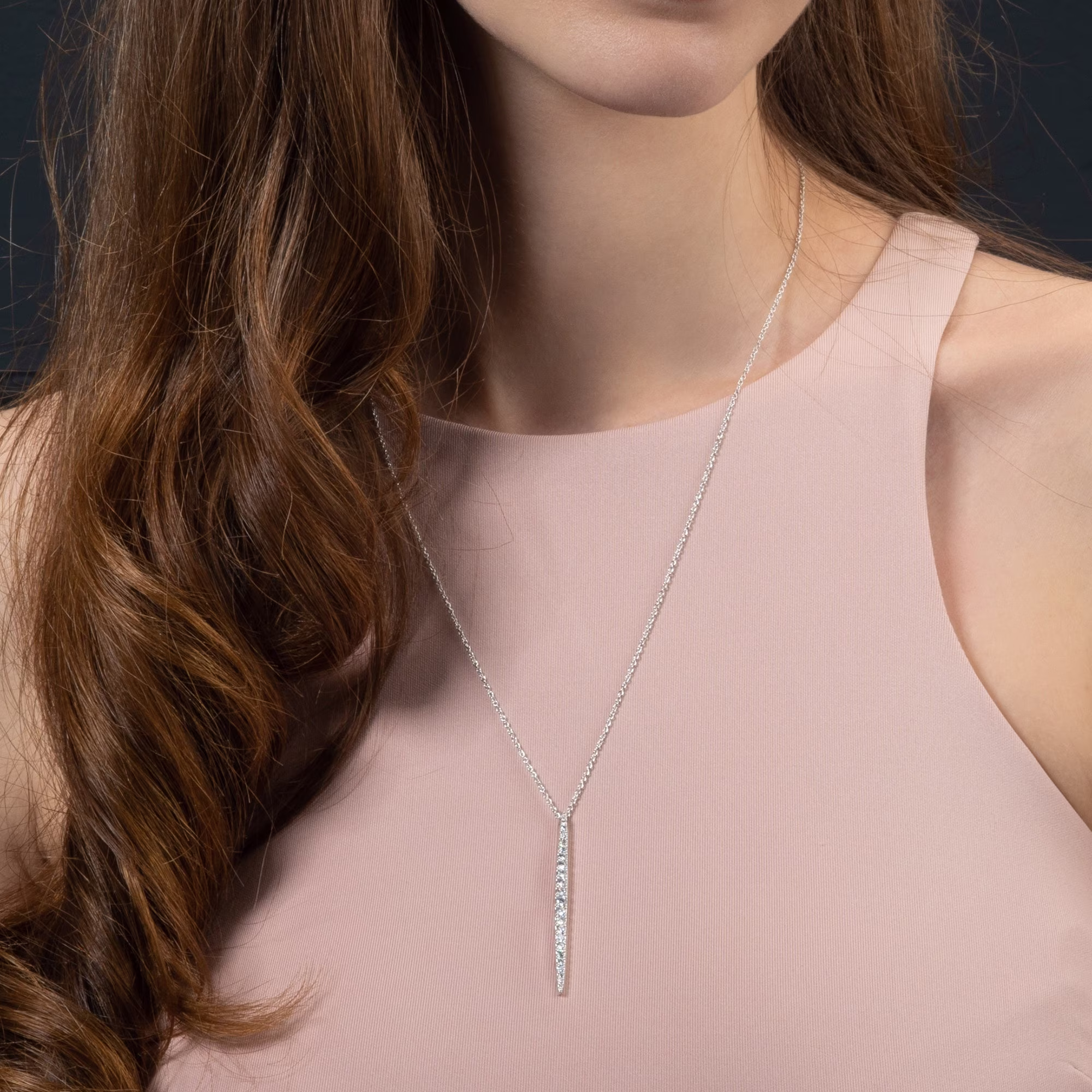 Silver Long Pendant Necklace For Women, 22 Inch Chain With A Bar Set White Cubic Zirconia Stones