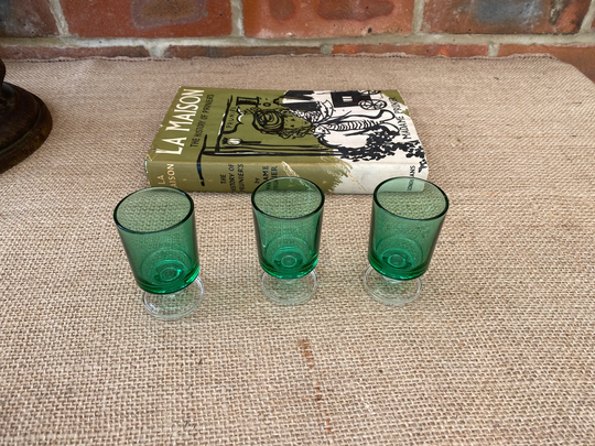 A Beautiful Set Of Three Petite Green Glass French Luminarc Cavalier Vintage Port, Liqueur, Sloe Gin Glasses