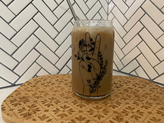 Peace Sign Iced Coffee Cup-Glass Can Cup-Iced Glass - Gift For Her-Beer Glass-Custom Cup-Custom Beer Glass