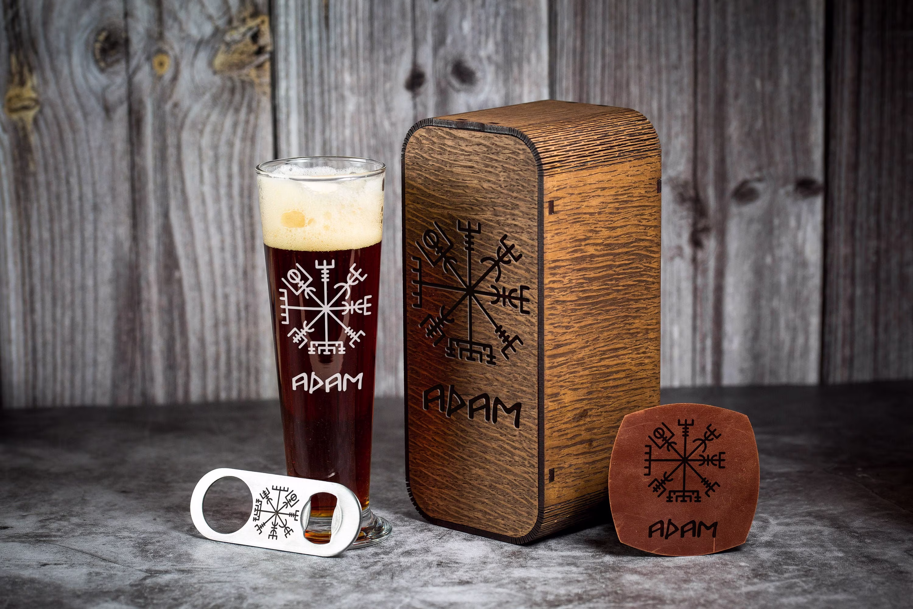Beer Glass With Viking Logo, Vegvisir Engraved Glass, Custom Groomsmen Gift, Personalised Pint Glasses