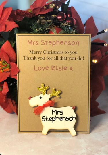 Personalised Teacher Christmas Gift - Fridge Magnet Wooden Reindeer