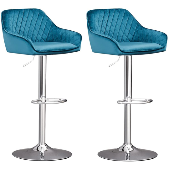 (TEAL) 2X Soft Velvet Fabric Swivel Gas Lift Bar Stools