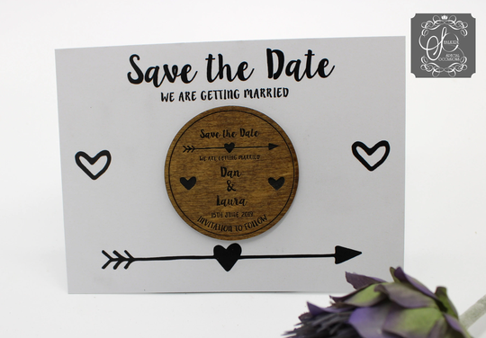 Wooden Save The Date Fridge Magnet With Arrow & Heart Details White Card