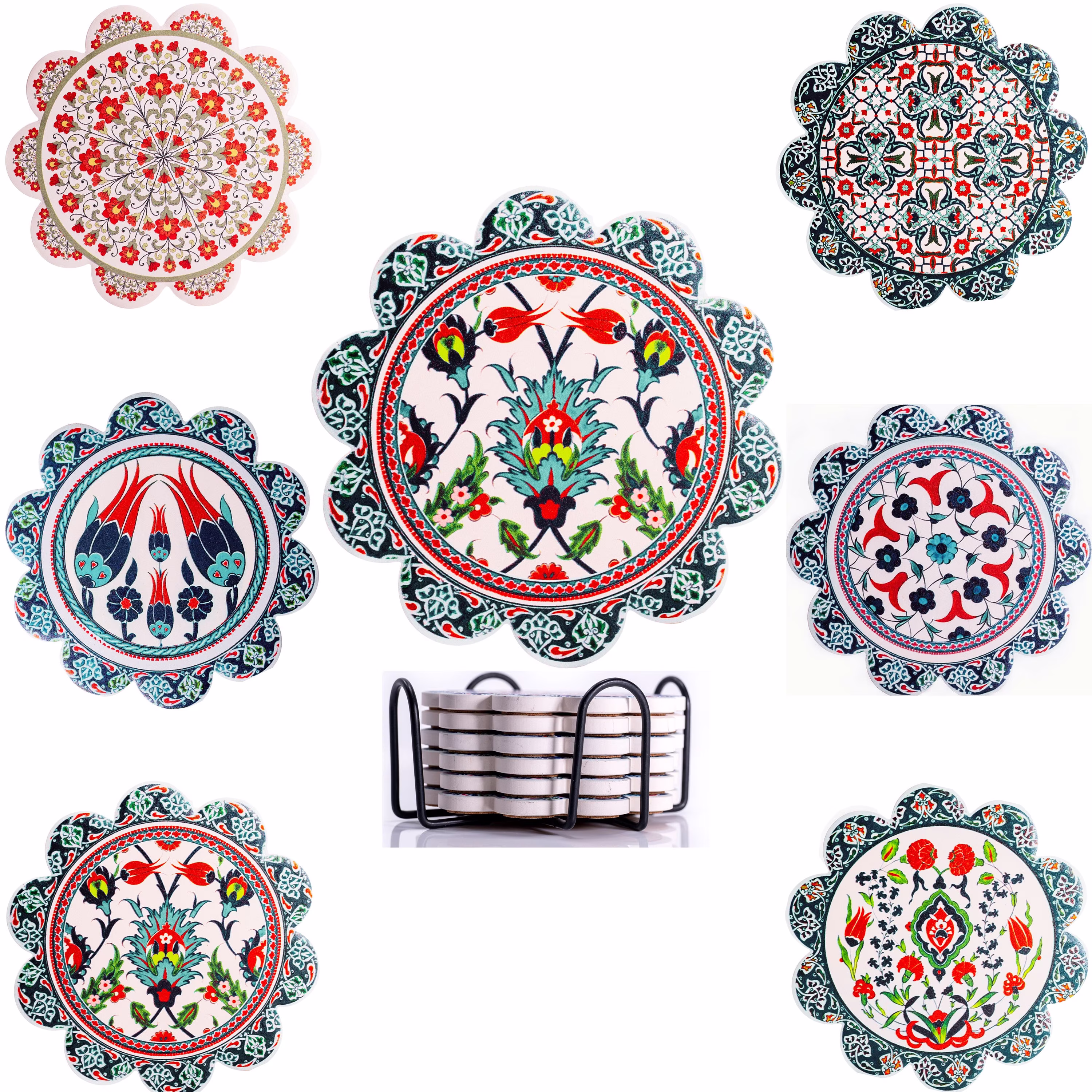 Coasters Bohemian Mediterranean Style Ottoman Floral Absorbent Ceramic Drink Coasters Set Of 6