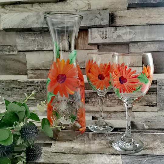 Carafe, Hand Painted Glass, Carafe, Glasses, Wine Housewarming Gift, Mum Floral Water Carafe