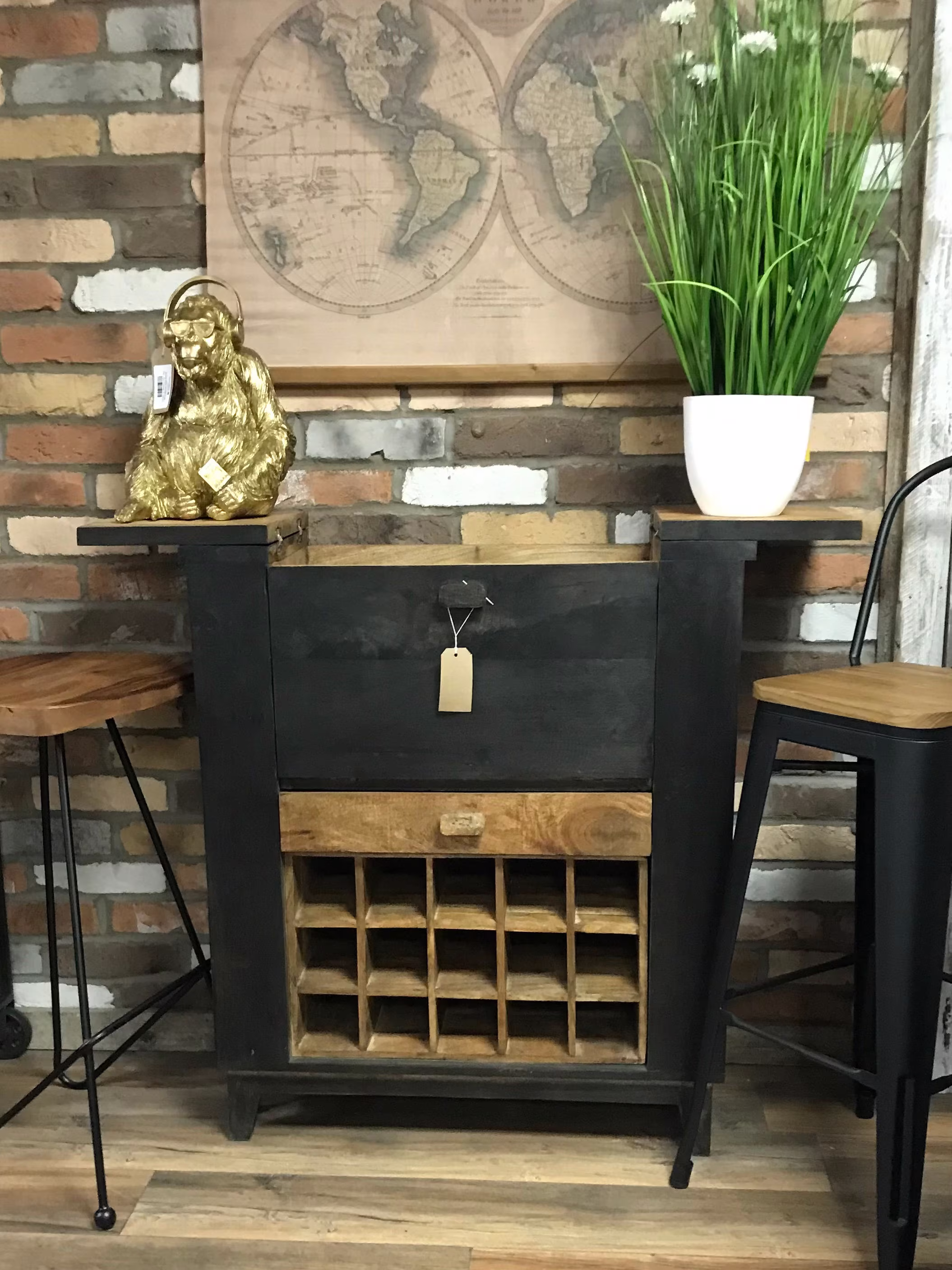 Wine Bar Industrial Drinks Cabinet Furniture Rustic Mango Wood & Iron Counter With Storage Rack Sale 6358