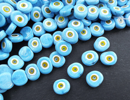 6 Sky Blue Evil Eye Nazar Glass Bead With Yellow Iris - Traditional Artisan Turkish Handmade Protective Lucky Amulet 26 Mm Value Pack