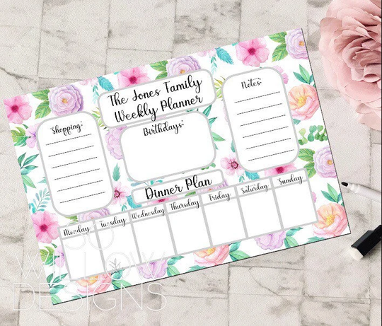A4 Weekly Wipe Clean Planner, Magnetic Personalised Family Floral Planner