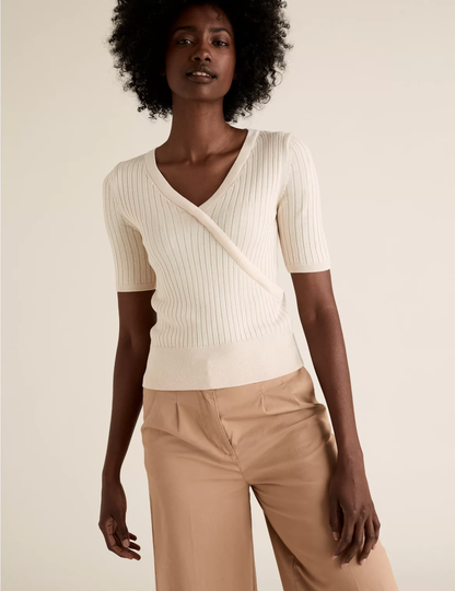 Knitted V-Neck Mock Wrap Top cream