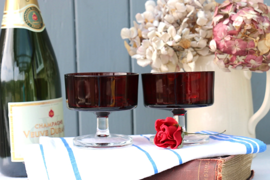 Pair Of 1970's French Vintage Red Glass Luminarc Champagne Coupes Dessert Glasses