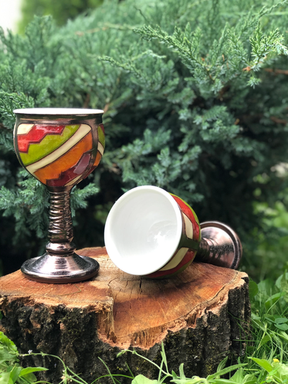 Rainbow Goblet Set, Wheelthrown Pottery Wine Cups, Unique Ceramic Chalice, Wedding Glasses Earthenware, Handmade Long Stem