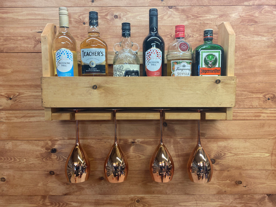 Wall Mounted Pine Handcrafted Drinks Rack With Glass & Bottle Shelf Small Size 600mm Holds 4 Glasses