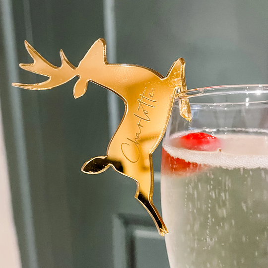 Christmas Personalised Drinks Charms, Party Cocktail Reindeer Name Place, Works Party, Glass Markers, Festive Wine Charms