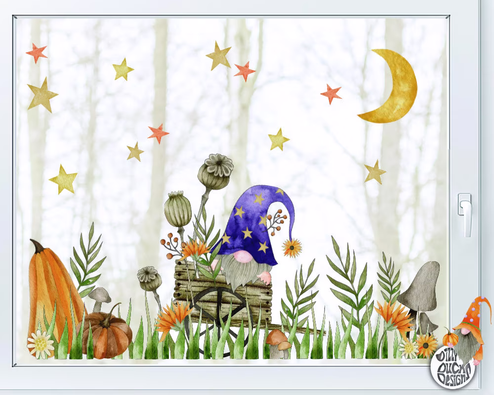 Fall Gnome Window Cling With Autumn Leaves Pumpkins Moon Stars - Cute Classy Halloween Décor Decals By Dizzy Duck