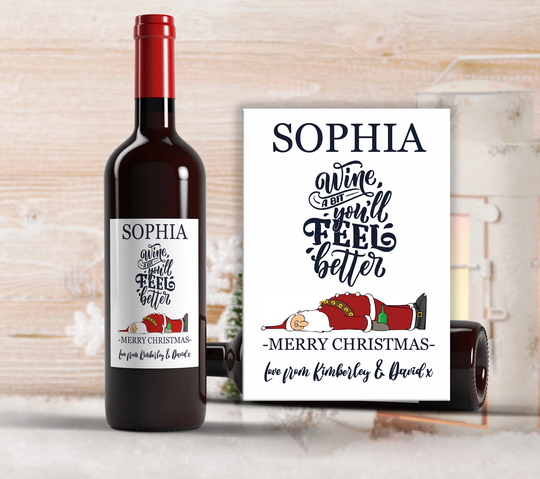 x1 Personalised Christmas Wine Bottle Labels, Stickers Funny Gifts Stocking Fillers Tree "Wine A Bit, You'll Fell Better