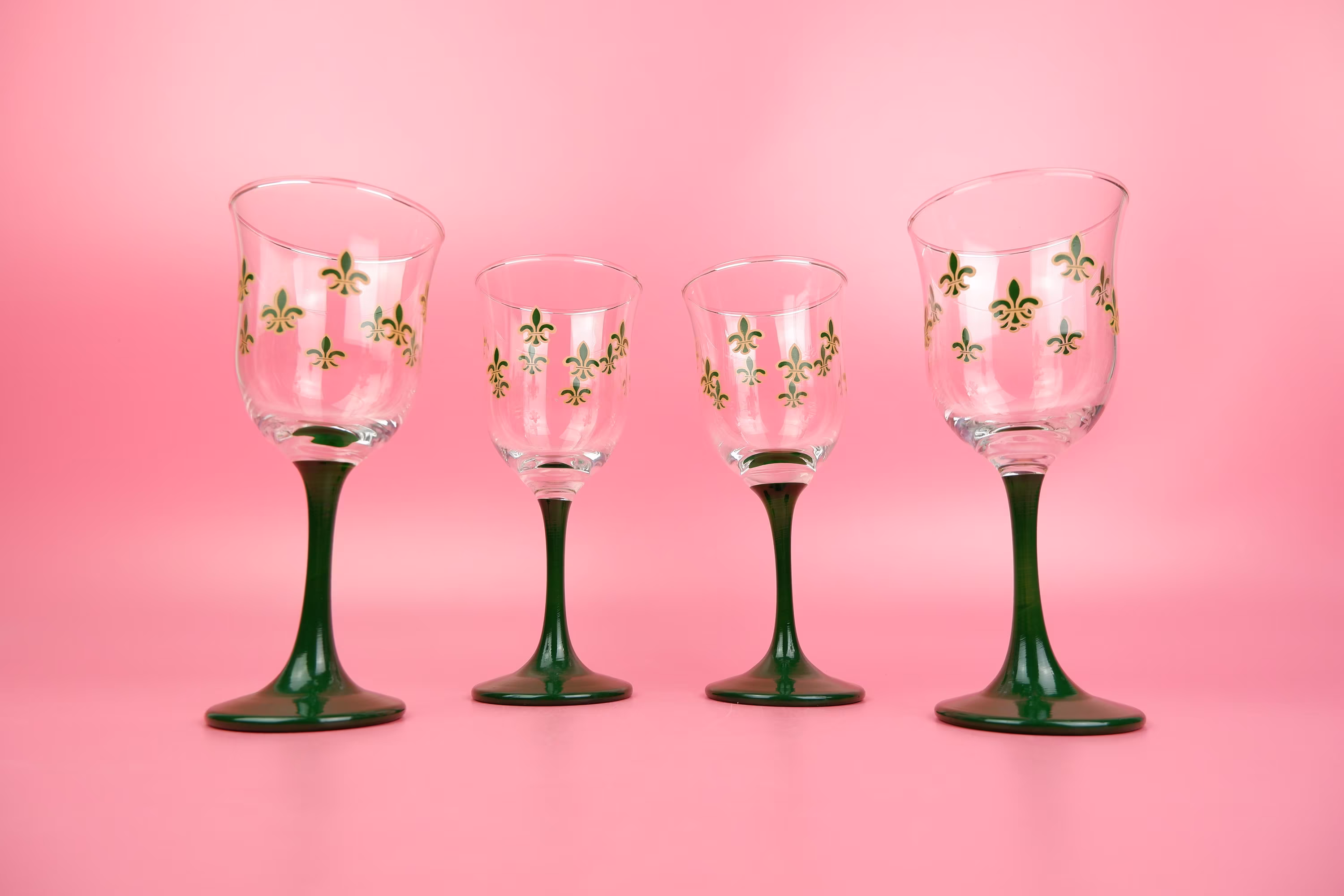 Set Of Four 4 Wine Glasses, Green Pattern, Drinks Cocktail Barware Cabinet, Vintage Kitchen, 1990S Postmodern 90S Decor