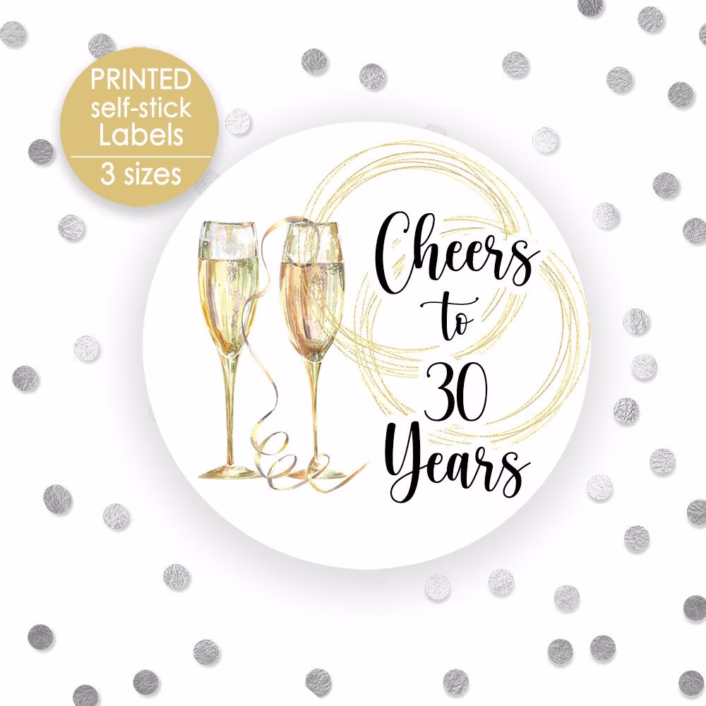 Printed Round Custom Stickers in 3 Sizes For Party Favors - Champagne Glasses Anniversary, New Years, Wedding, & More Ch21