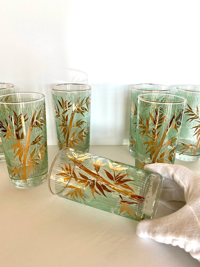 Mid Century Gold Bamboo Glasses, Mcm & Green Glasses