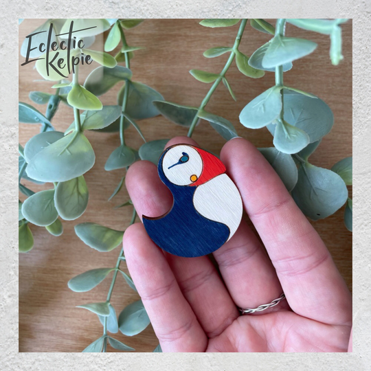 Hand-Painted Puffin Brooch/Fridge Magnet - Laser Cut Birch Wood Scarf Pin Gift/Office Organisation Cute, Contemporary & Stylised