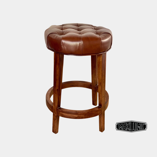 Maxlume ~ Brown Genuine Leather Button Top Solid Bar Stool Wooden Frame | Vintage Style Cast Metal Floor Standing